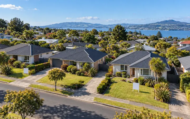 Aerial view of a New Zealand suburban street with similar homes