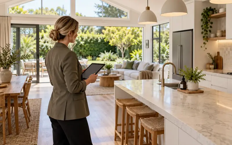 Real estate agent assessing a renovated kitchen